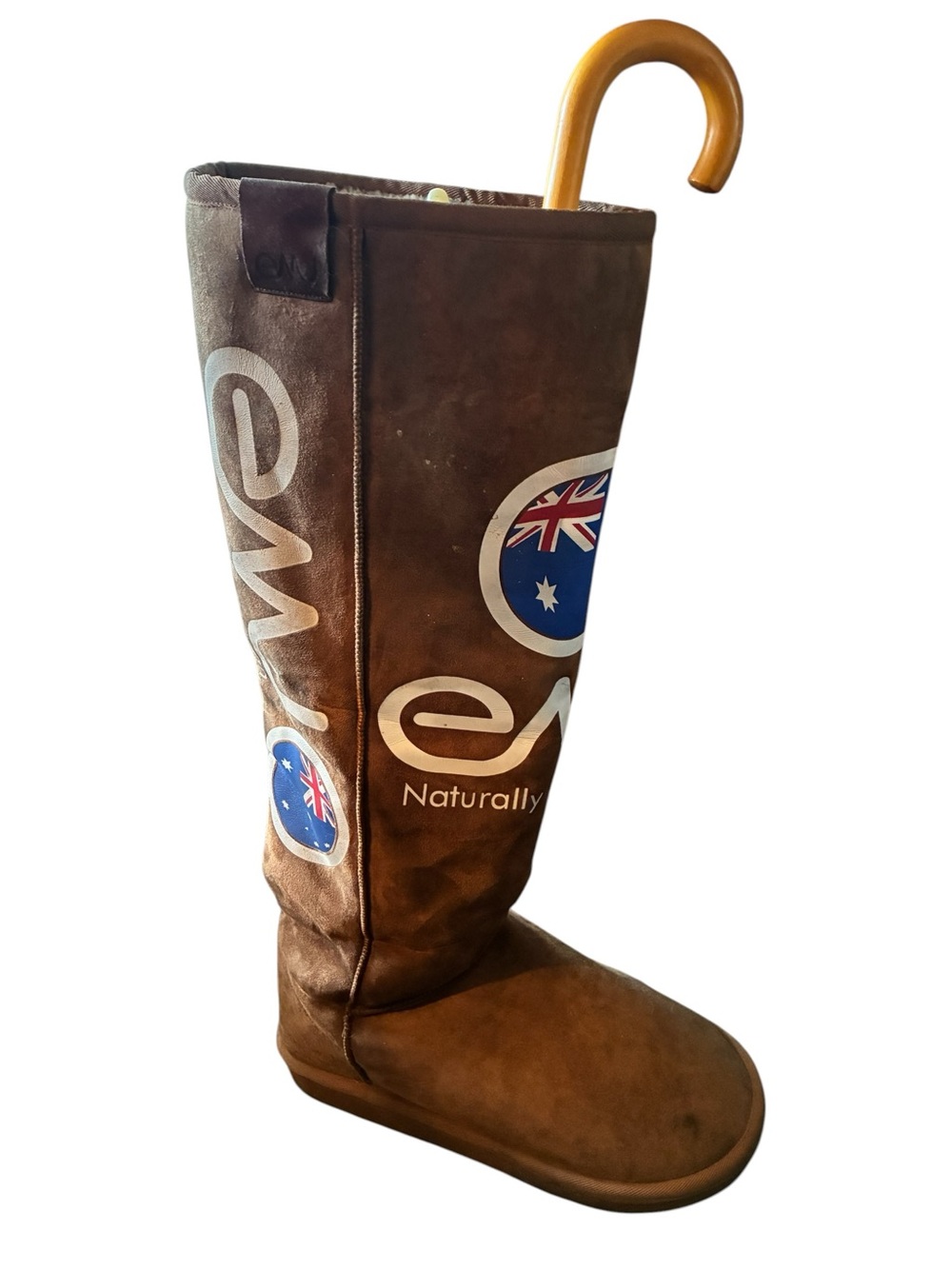Emu boot advertising GIANT Sherpa lamb skin boot umbrella holder